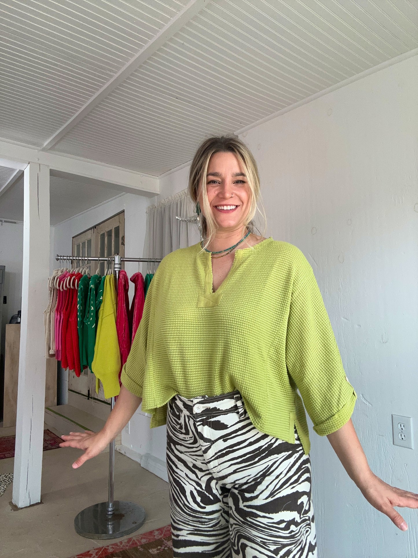 Lime Waffle Knit Top