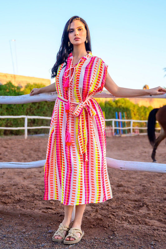 Striped Belted Midi Dress Saluza