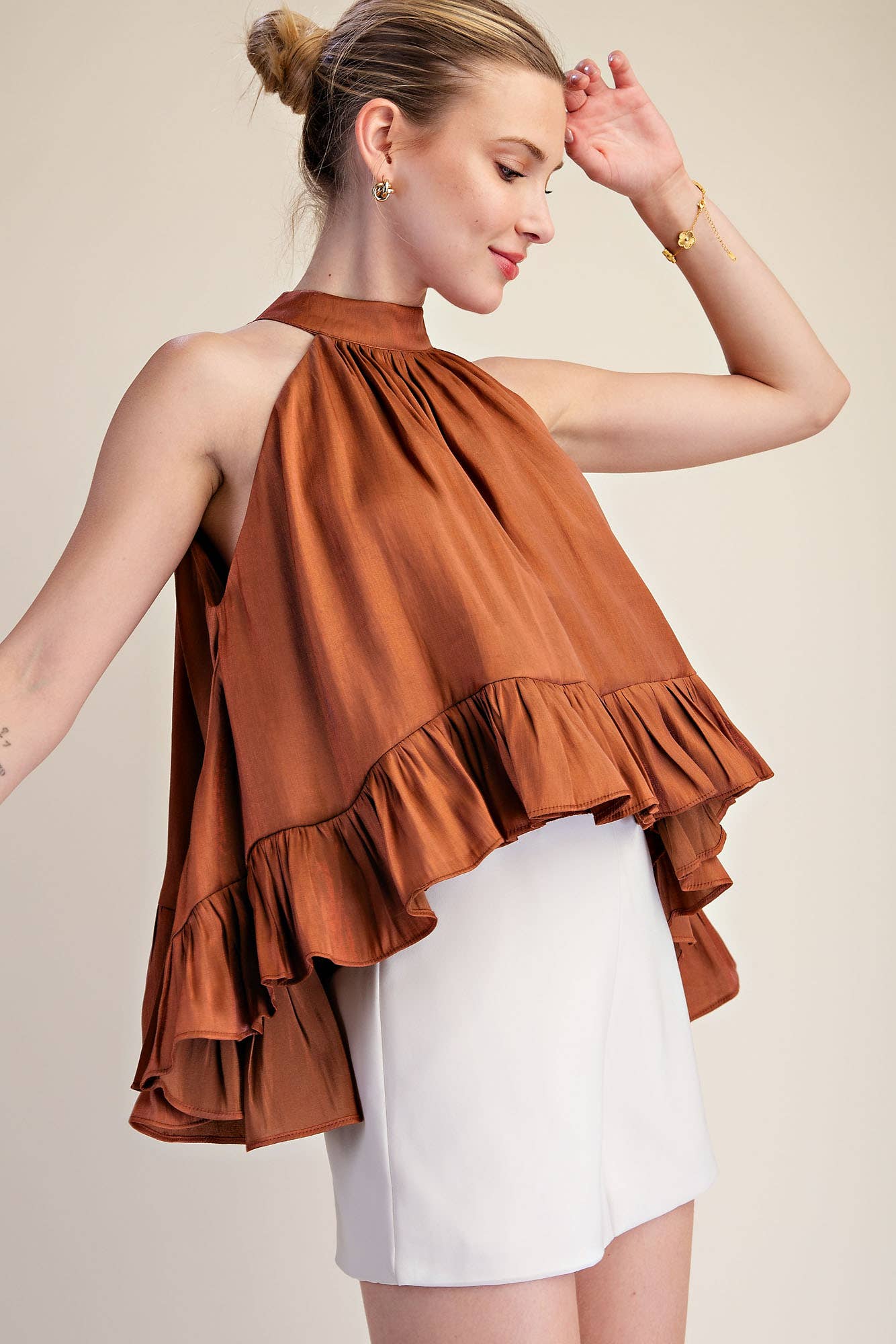 Ruffle Halter Top | Brown
