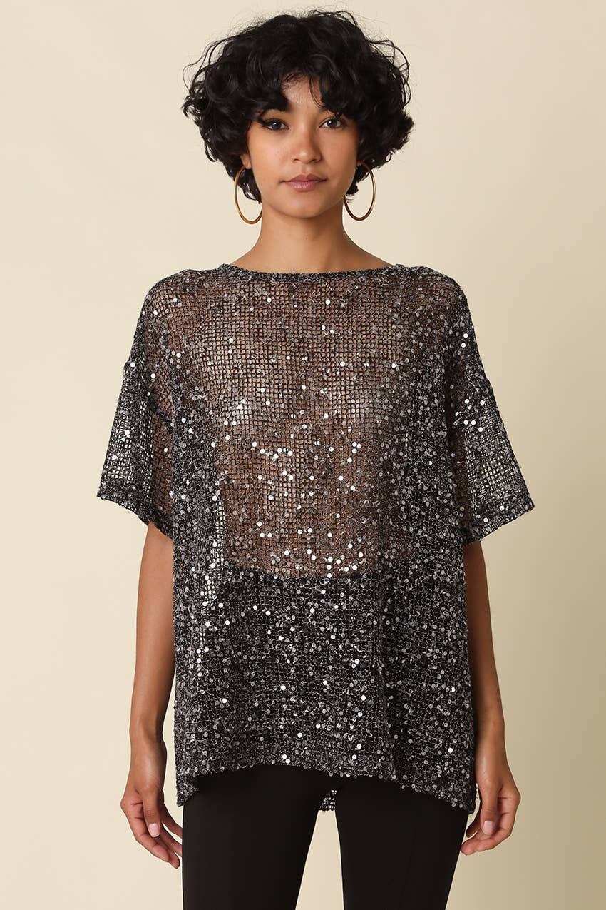 Sequin Mesh Top | Black