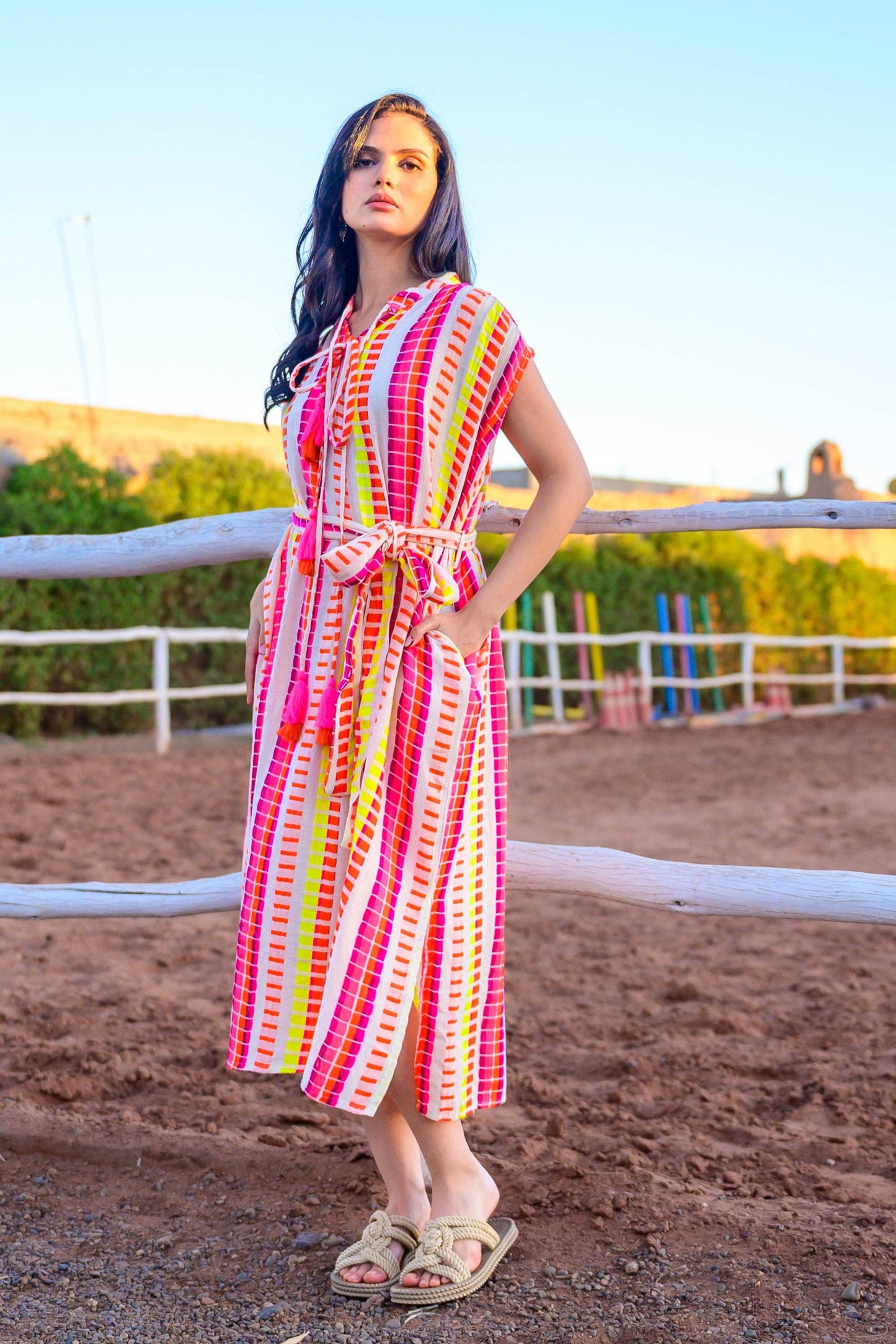 Striped Belted Midi Dress Saluza