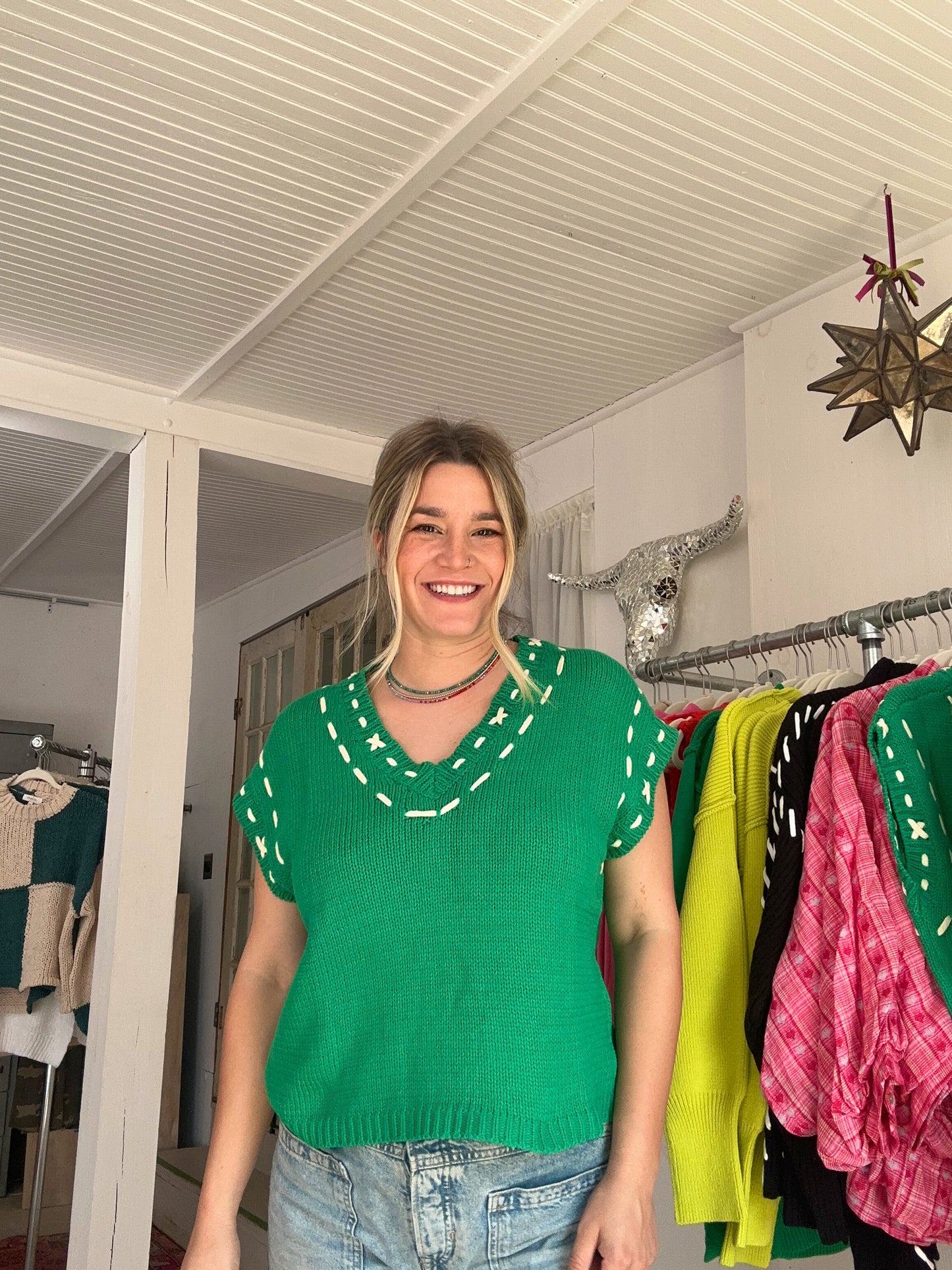 Stitched Green Sweater Top