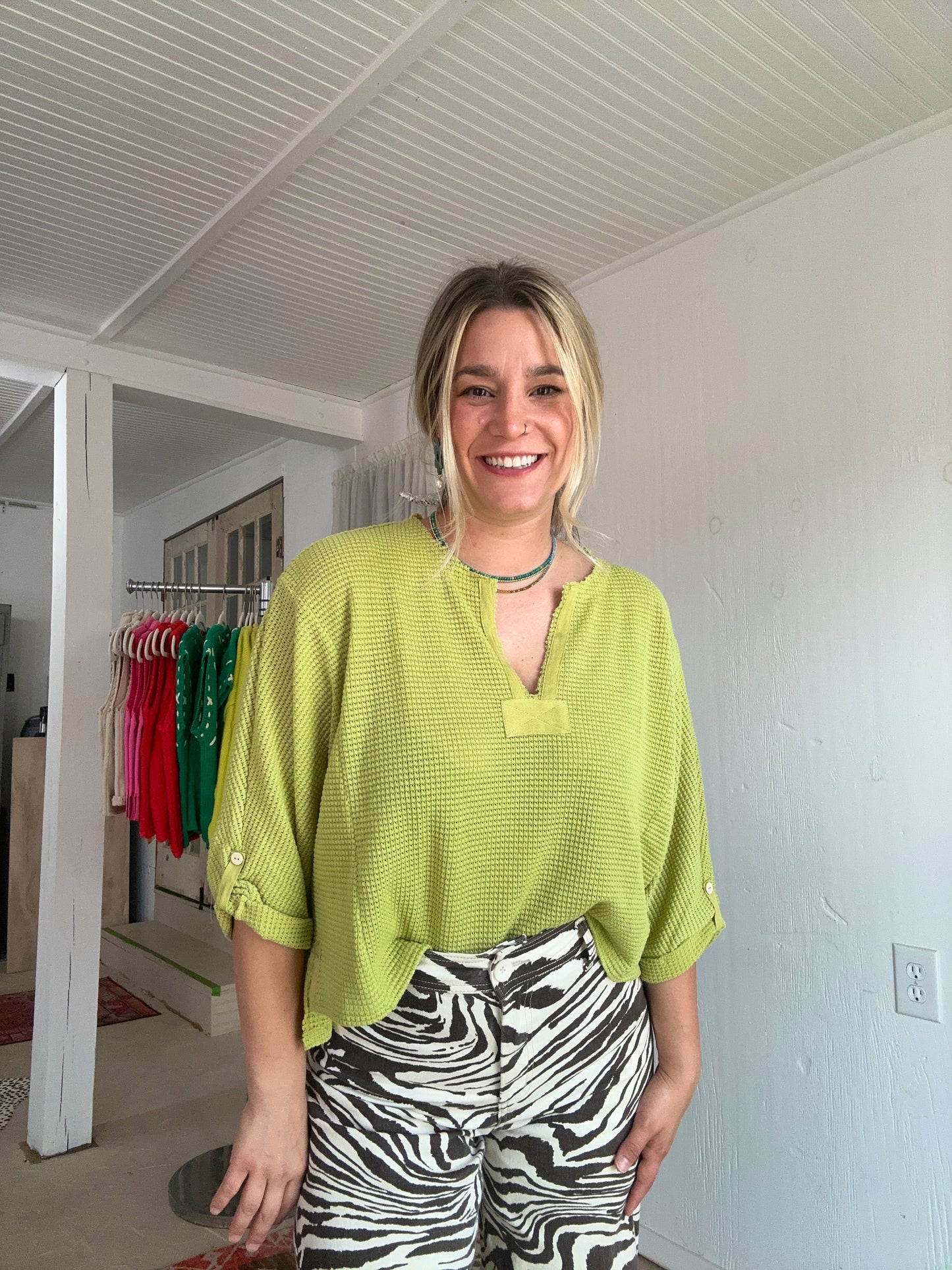 Lime Waffle Knit Top