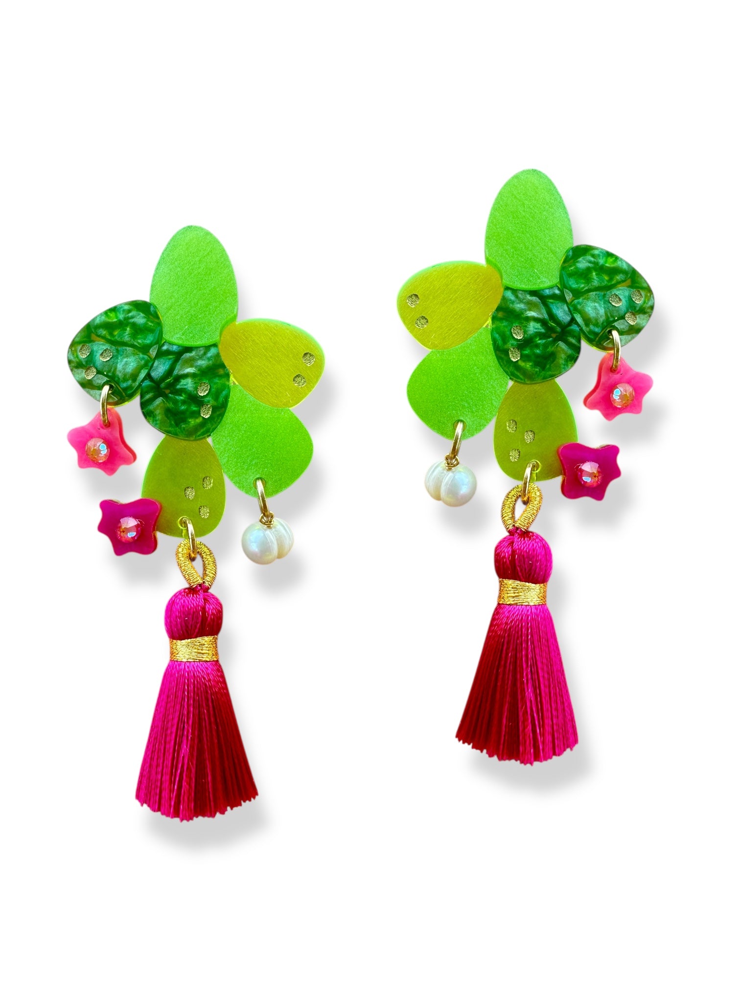 Colorful cactus earrings with green leaves, pink flowers, and pink tassels