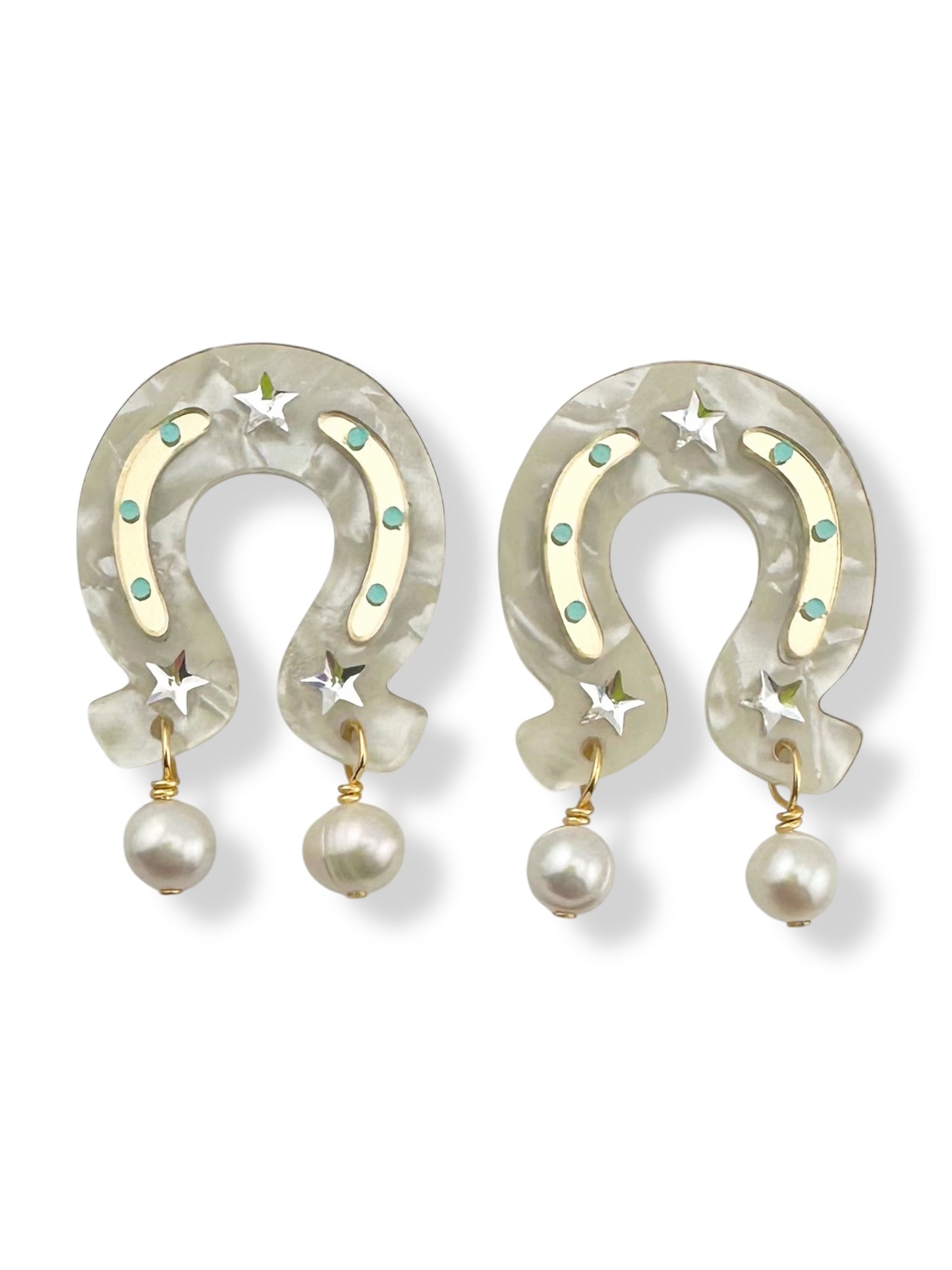 Pair of earring charms with horseshoe design, hand painted details and freshwater pearl beads