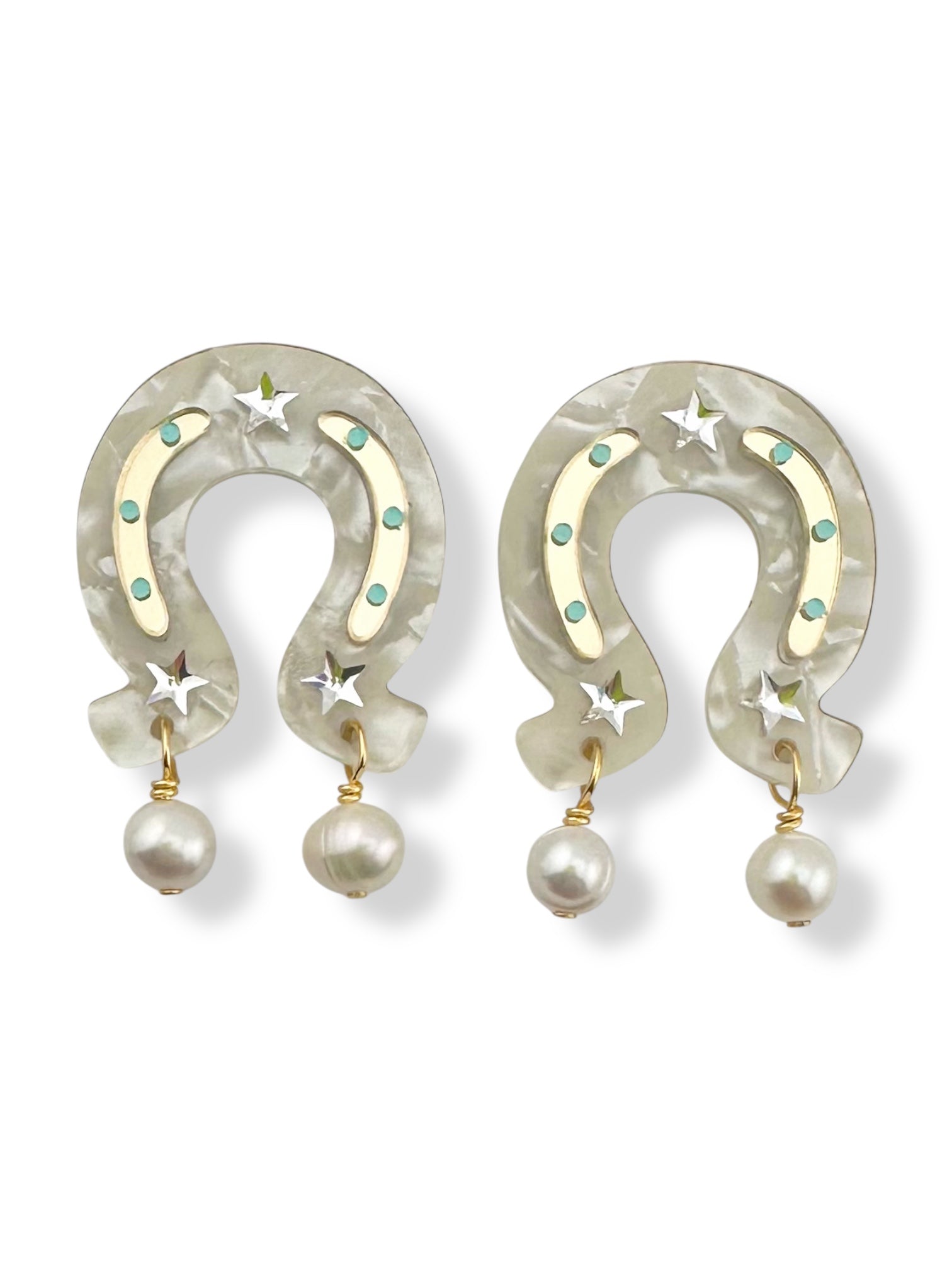 Pair of earring charms with horseshoe design, hand painted details and freshwater pearl beads