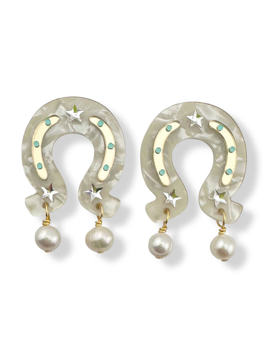 Pair of earring charms with horseshoe design, hand painted details and freshwater pearl beads