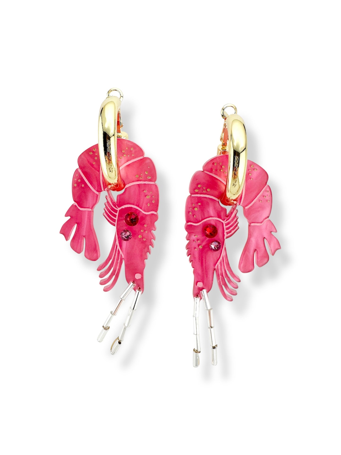 Pink shrimp-shaped earrings with hand painted details, Swarovski crystals on chunky gold hoops