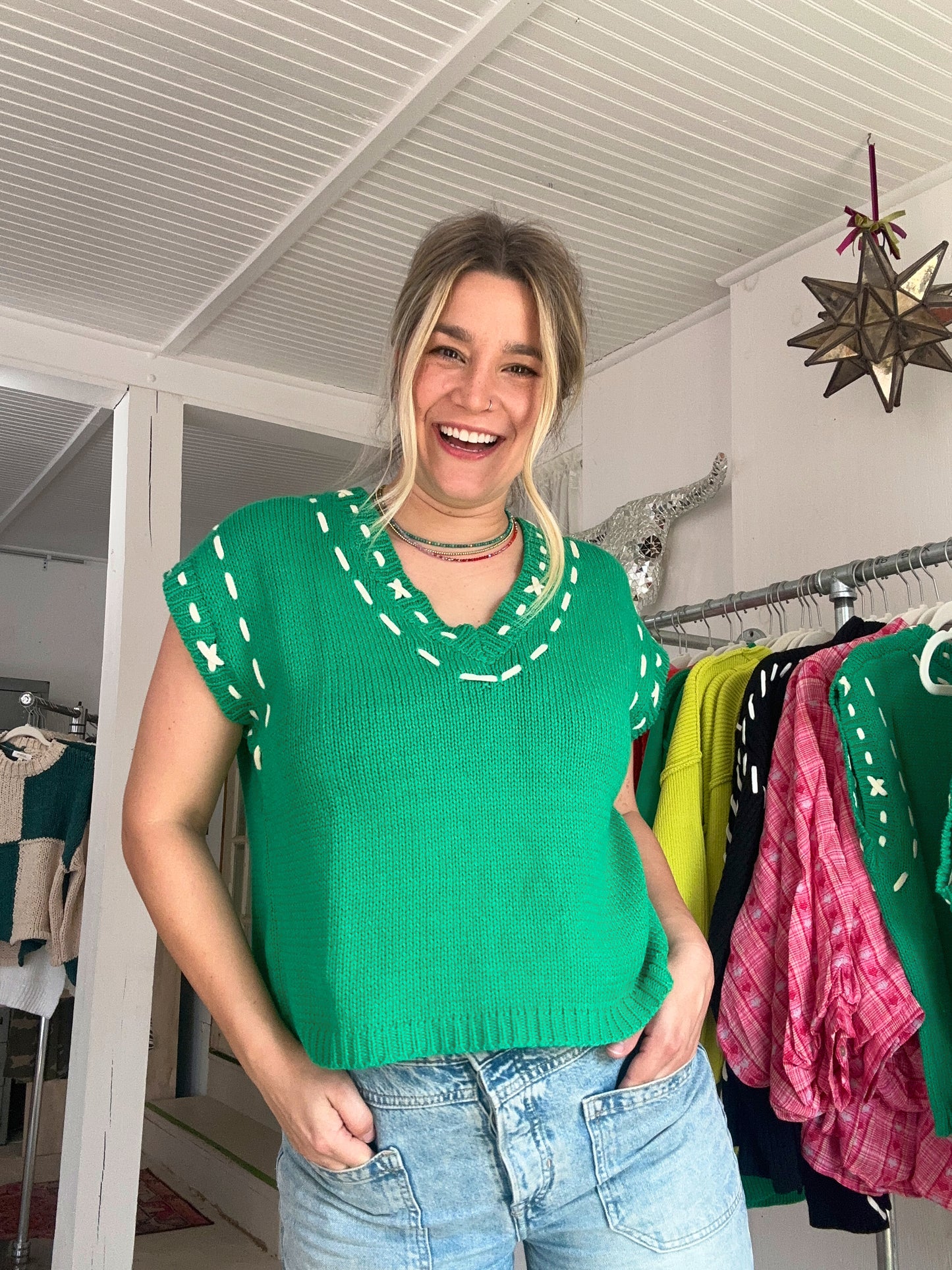Stitched Green Sweater Top