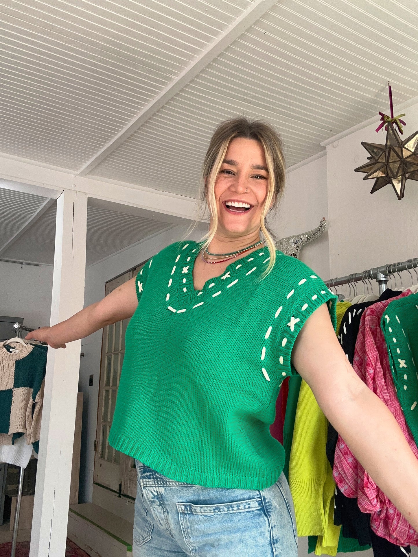 Stitched Green Sweater Top