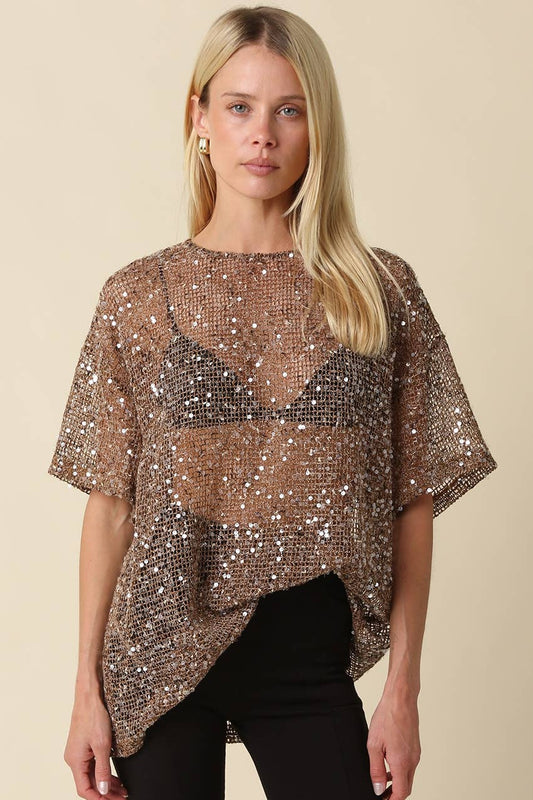 Sequin Mesh Top | Brown